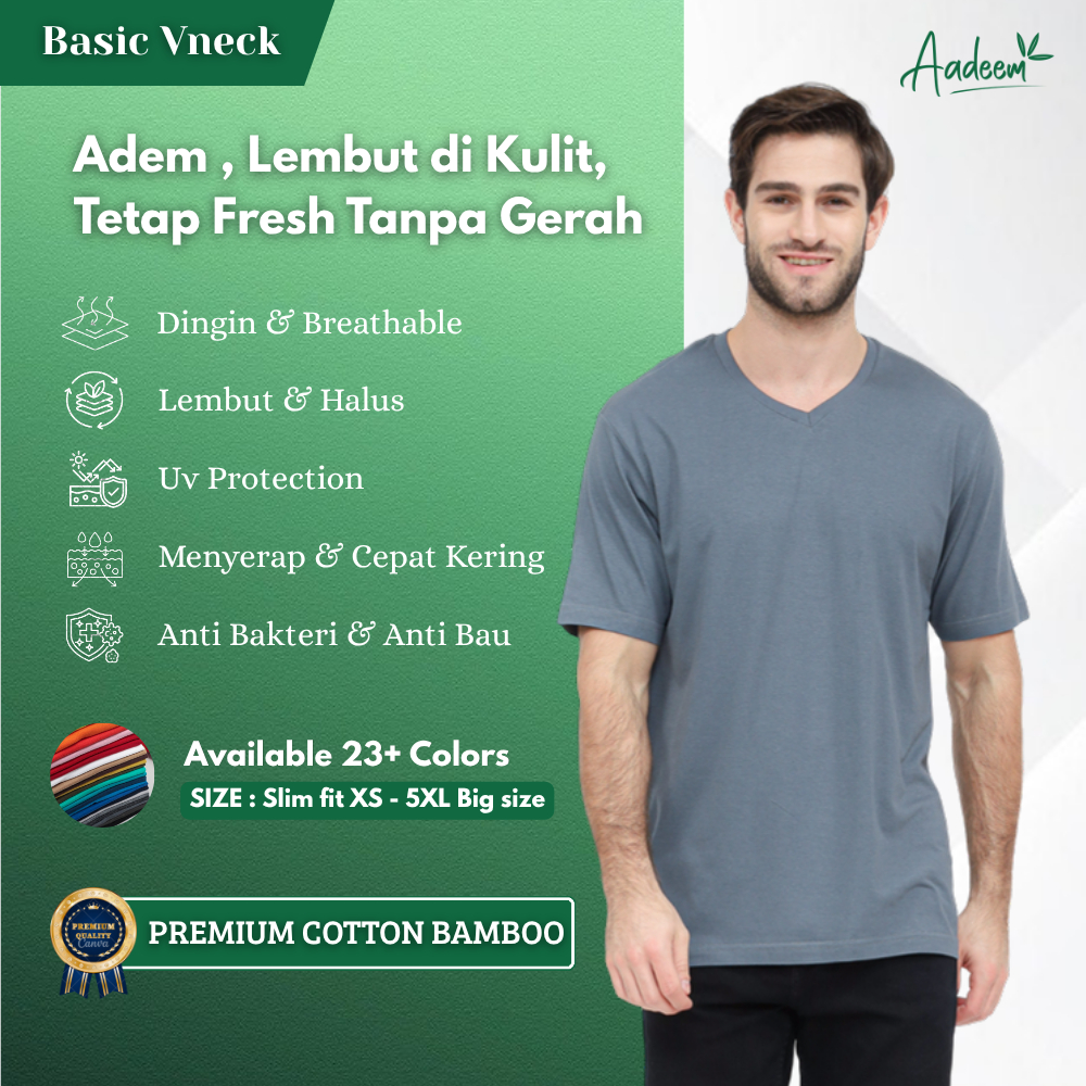 [ ANTI BAKTERI ] Aadeem Kaos Polos V NECK Katun Bambu Lengan Pendek Cotton Bamboo Premium Unisex Pri