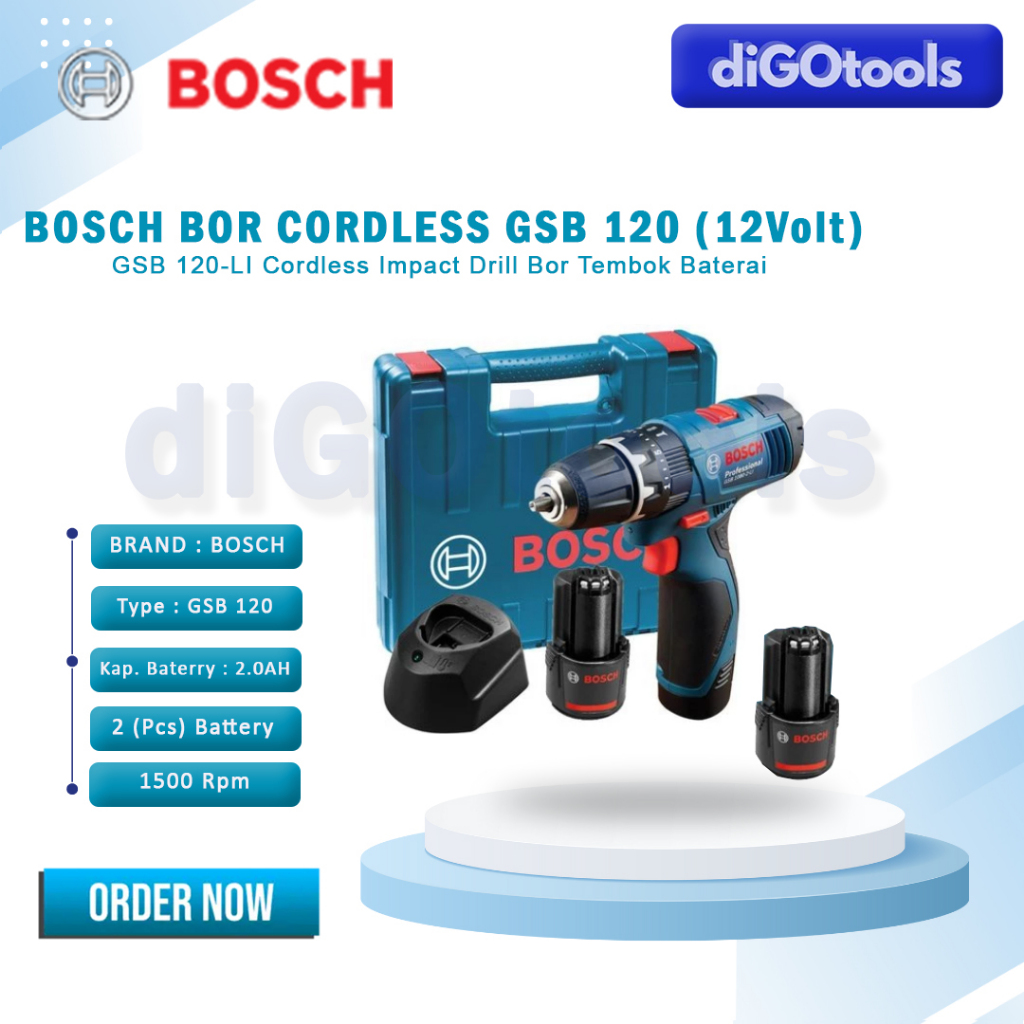 BOSCH GSB 120-LI 12V Cordless Impact Drill Bor Baterai Bor Tembok Kayu Besi Powerful -bor tanpa kabe
