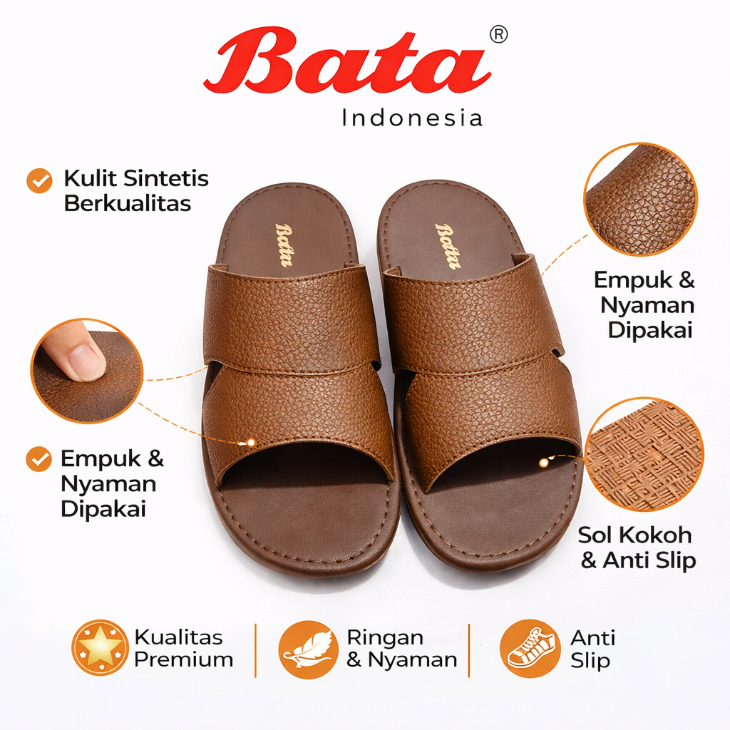 Bata - Sandal Selop/Slide Pria Bahan Kulit Sintetis Leather Pu Tersedia Warna Hitam/Cokelat Ukuran 3