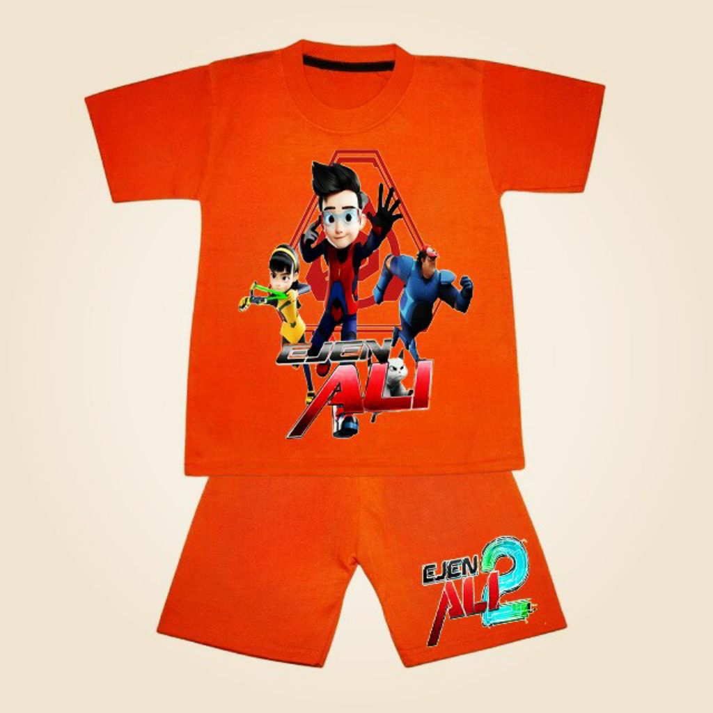 setelan baju set kaos anak laki laki/perempuan, murah, bahan katun premium sablon dtf Ejen ali