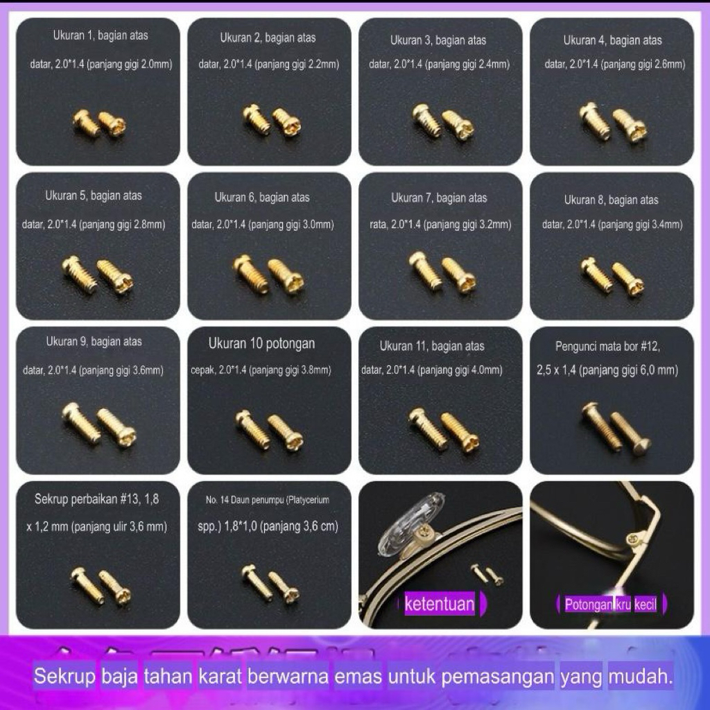Baut Kacamata warna emas gold berbagai ukuran
