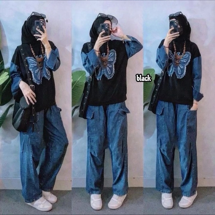 Setelan Wanita Kekinian Viral Kupu Set Denim WD Bahan Kaos Katun Combed Mix Jeans Size M L XL XXL XX