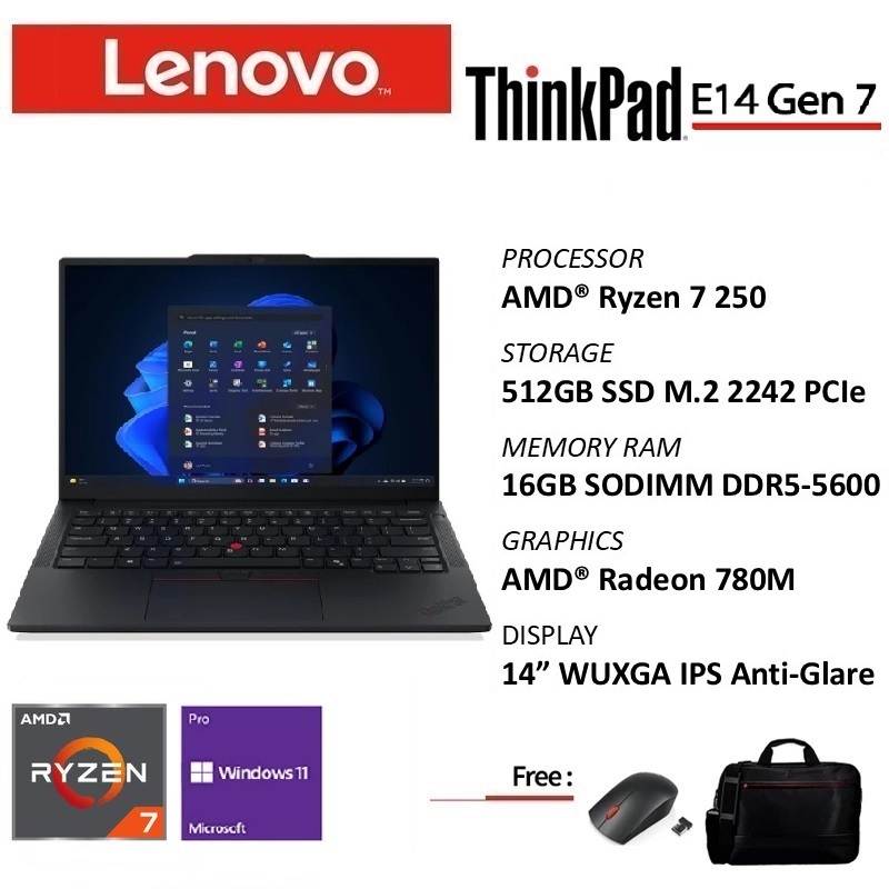 Lenovo ThinkPad E14 Gen 7 Ryzen 7 250 16GB 512GB Win11Pro 14" Include Asuransi