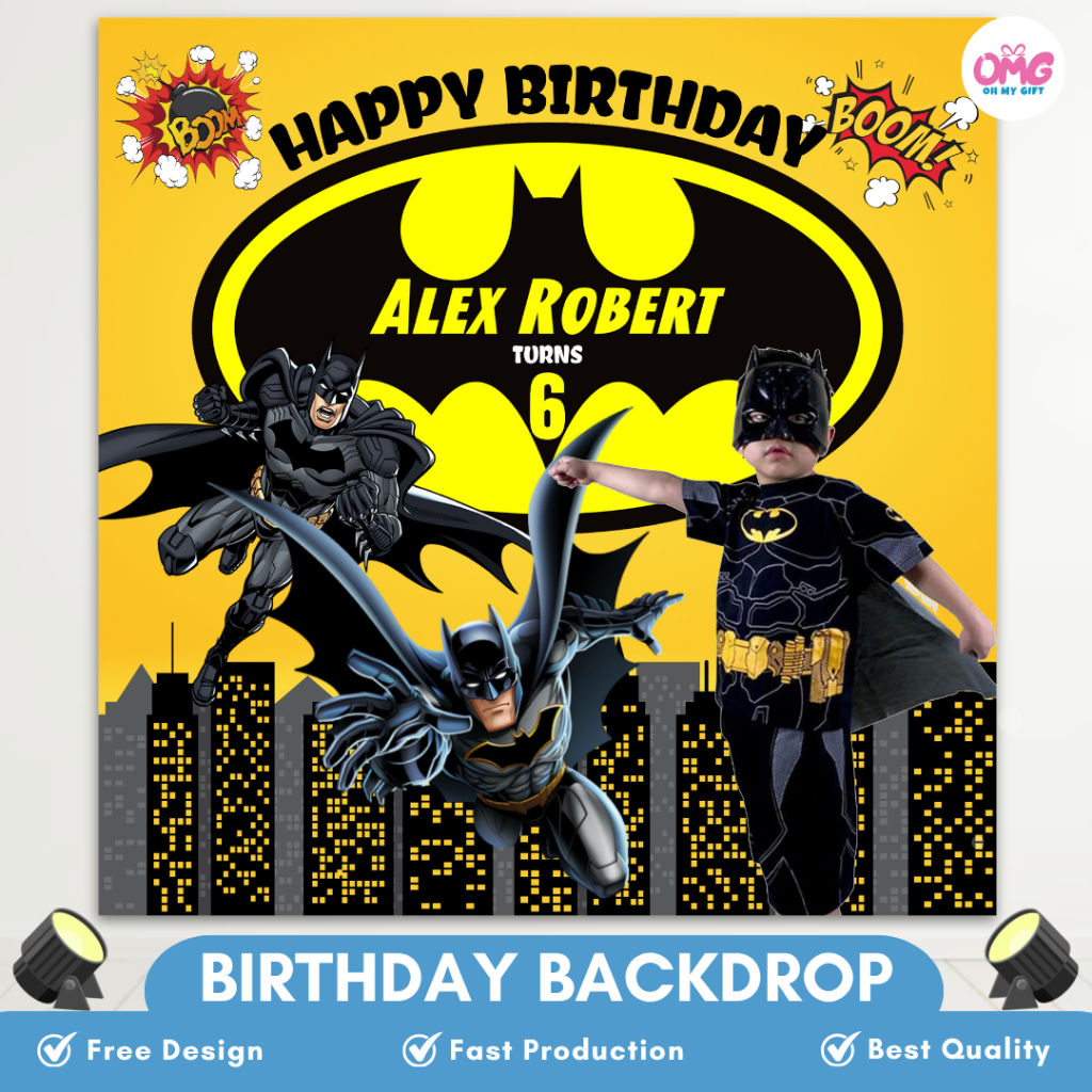 Cetak Birthday Backdrop Banner Ulang Tahun Tema Batman Superhero / Dekorasi Spanduk Ultah Anak