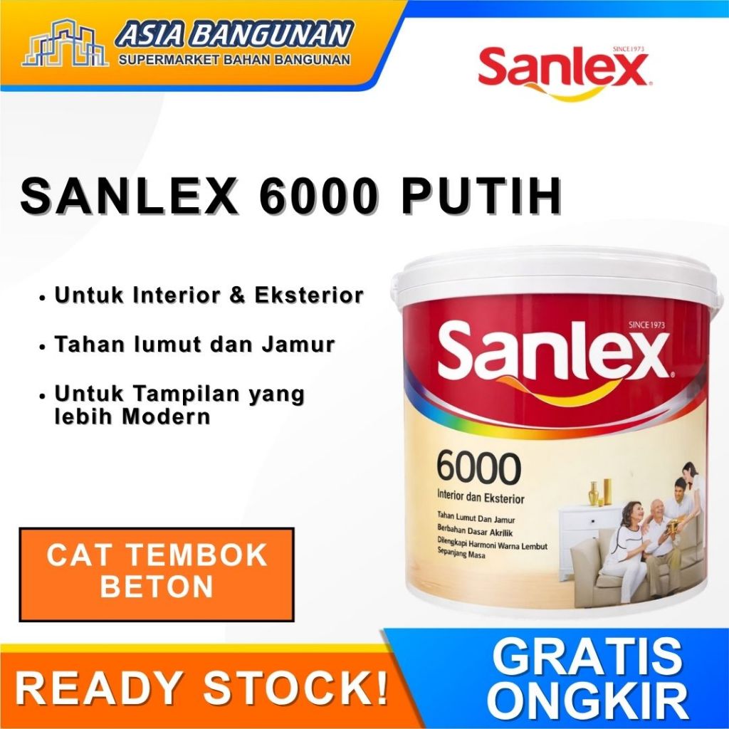 Sanlex 6000 Cat Tembok Interior Eksterior 5Kg Putih Cat Dingding Anti Jamur dan Lembab Galon