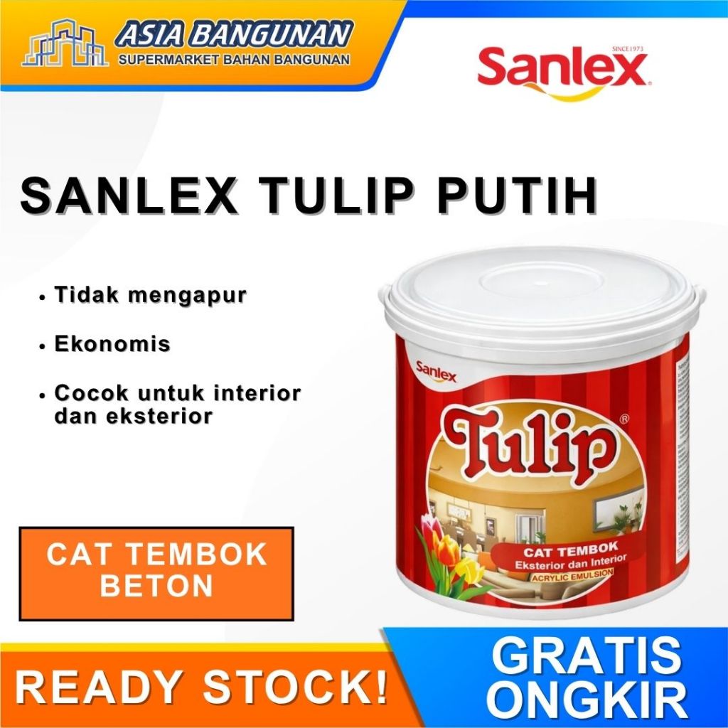 Sanlex Cat Tembok Putih Tulip 5kg Galon (4.5kg) Cat Interior Eksterior Murah Cerah