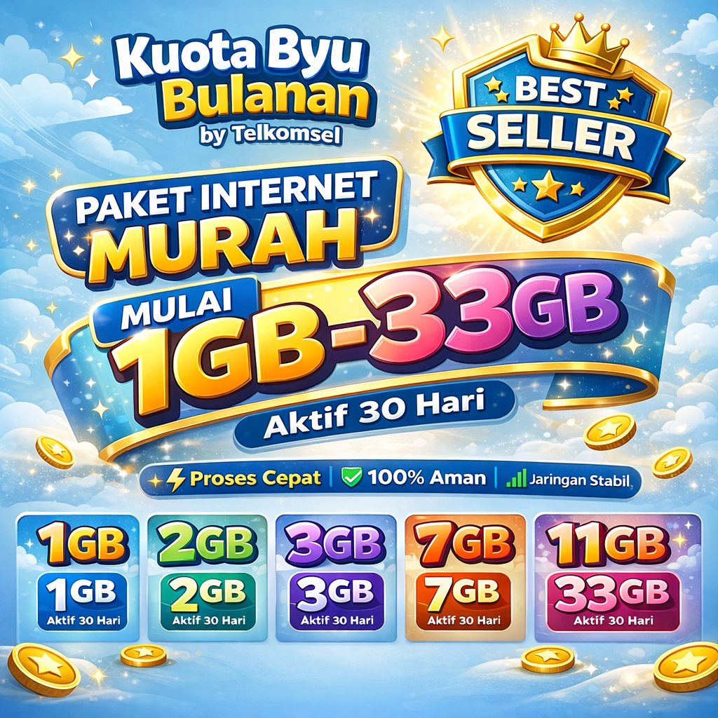 Paket Data Kuota Byu By.u 1gb 3gb 6gb 12gb 20gb 23gb