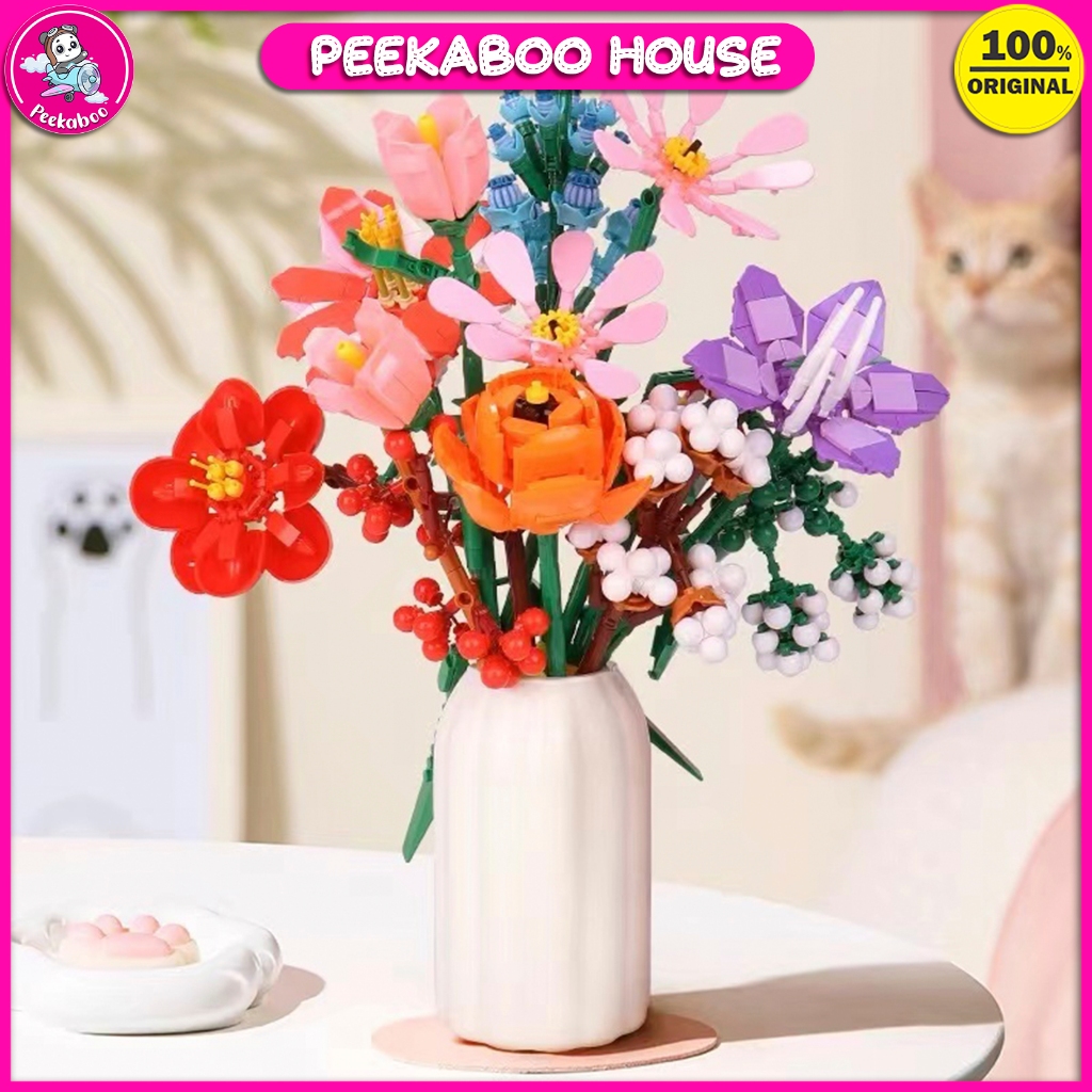 Nano Block Mainan Bricks Flower Bucket Mini Toys Bunga Hadiah Plant Collection Dekorasi Peekaboo