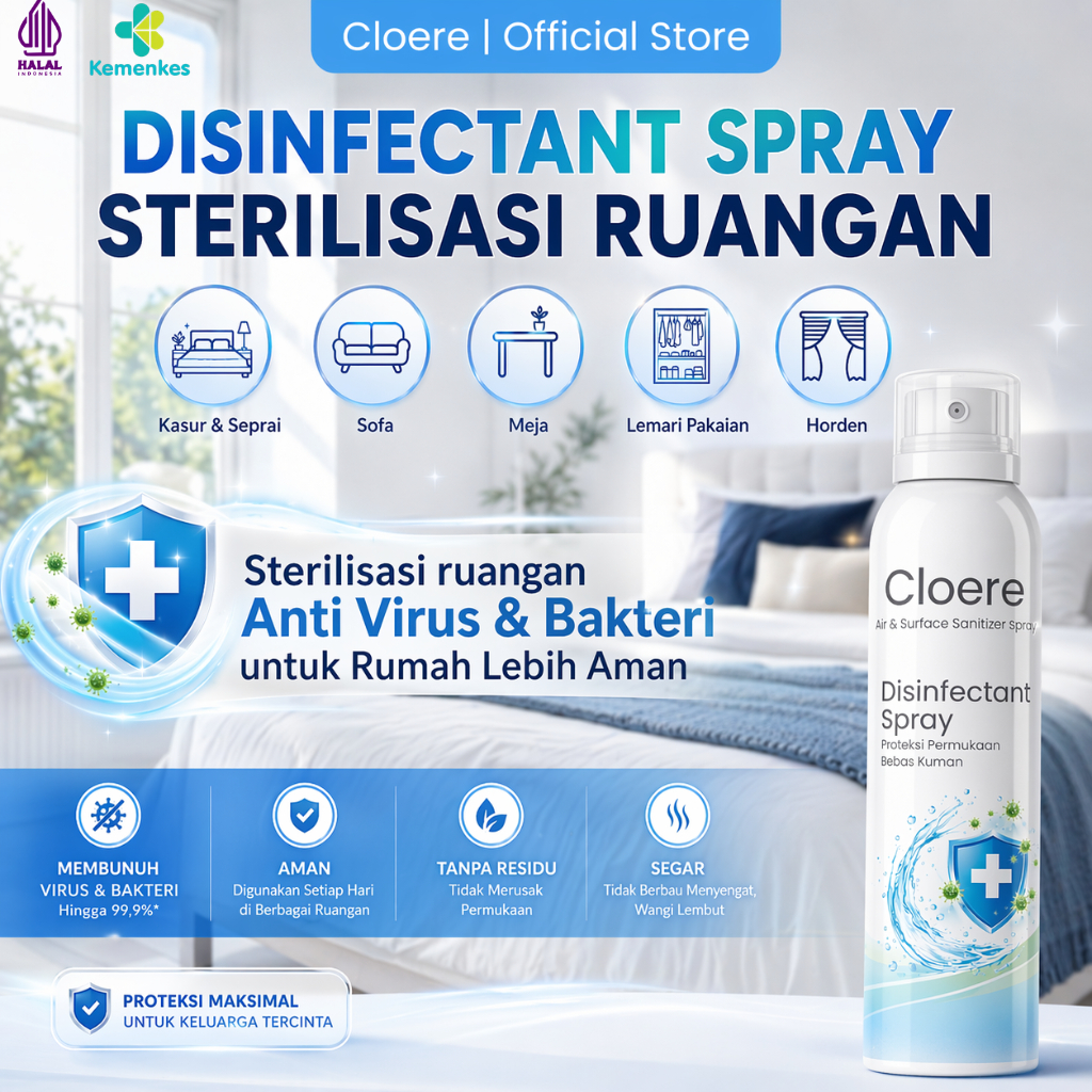 CLOERE Antibacterial 120Disinfektan Spray 250ml Aroma Eucalyptus | Pembunuh Kuman 99.9% Anti Bakteri