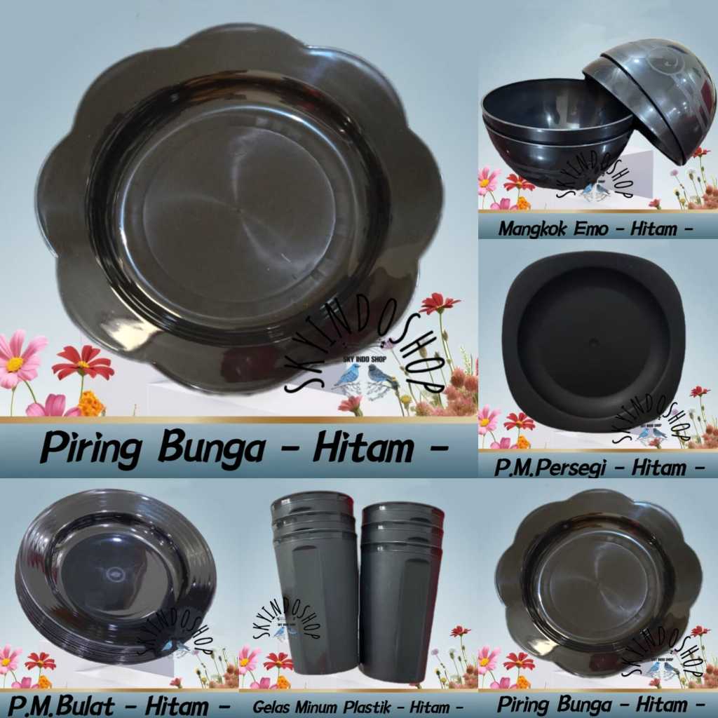 ( Serba Warna Hitam ) Gelas , Mangkok , Piring Bulat , Piring Bunga , Piring Persegi Bahan Plastik (