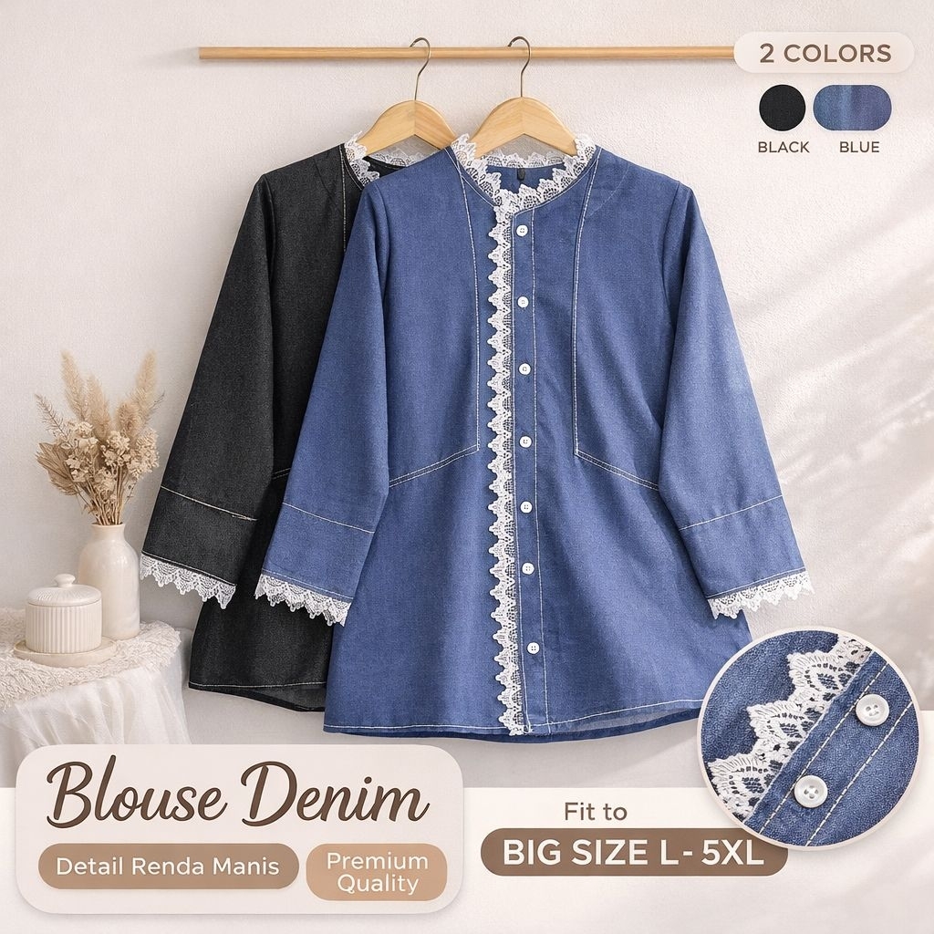 Blus Denim Wanita Jumbo - Ukuran L 3XL 5L - Blouse Renda Elegan - Atasan Big Size Hitam Biru