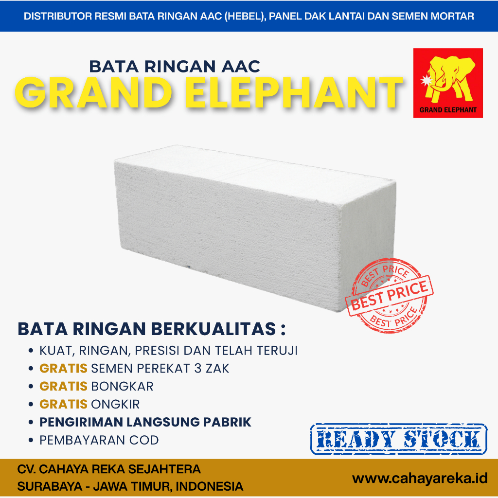 Bata Ringan AAC (Hebel) Grand Elephant Murah dan Berkualitas | Harga Per M3 | Presisi Hemat Semen | 