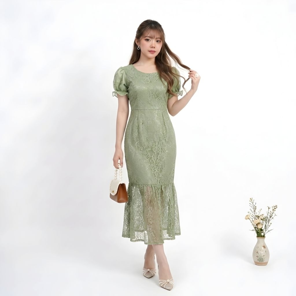 Dress Brokat Mermaid Elegan Lengan Puff 6Warna Midi Dress Pesta Kondangan Model Duyung Baju Natal Za