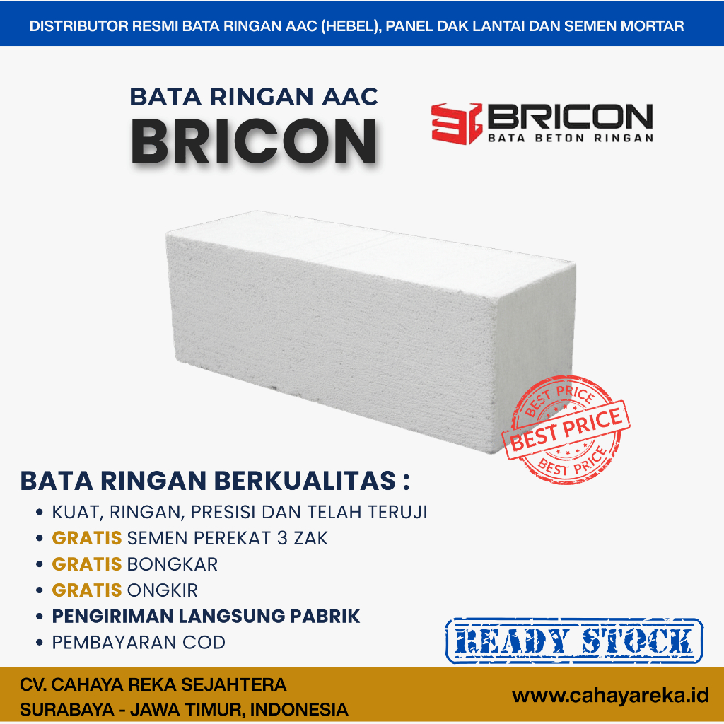 Bata Ringan AAC (Hebel) Bricon Murah dan Berkualitas | Harga Per M3 | Presisi Hemat Semen | Ready St