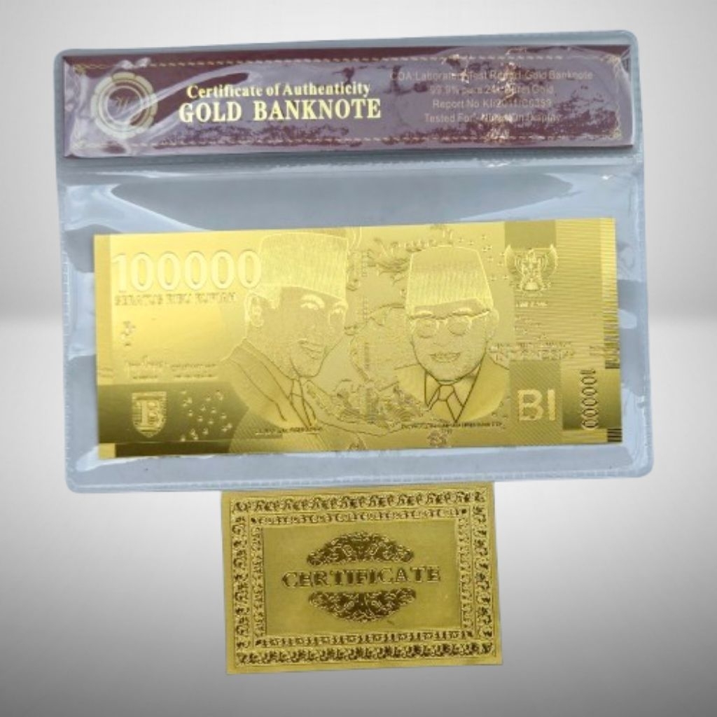 Uang Gold Foil Indonesia 100000 Emas Unik Plus Fodder Sertifikat