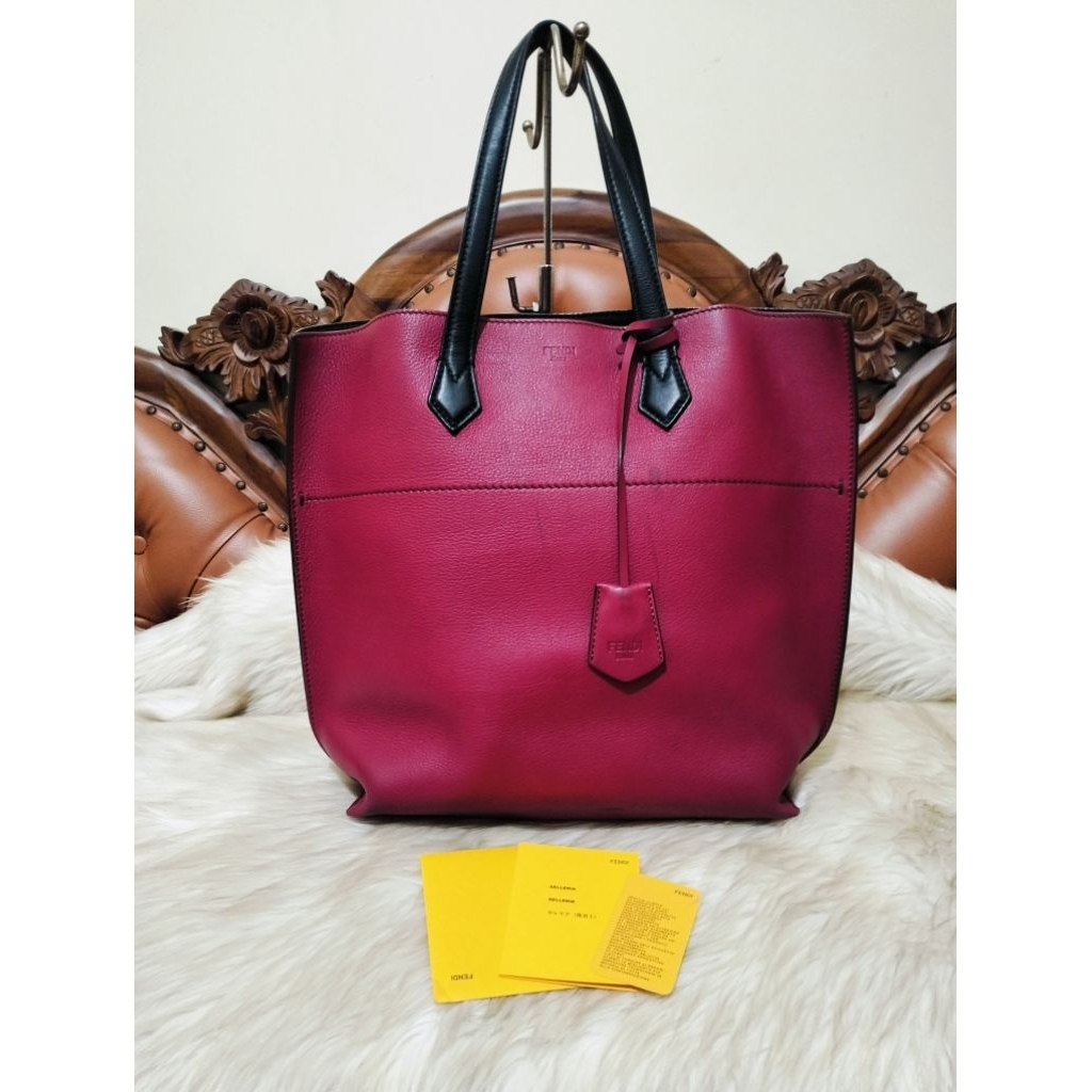 FenDi  Magenta Black Leather Tote Bag
