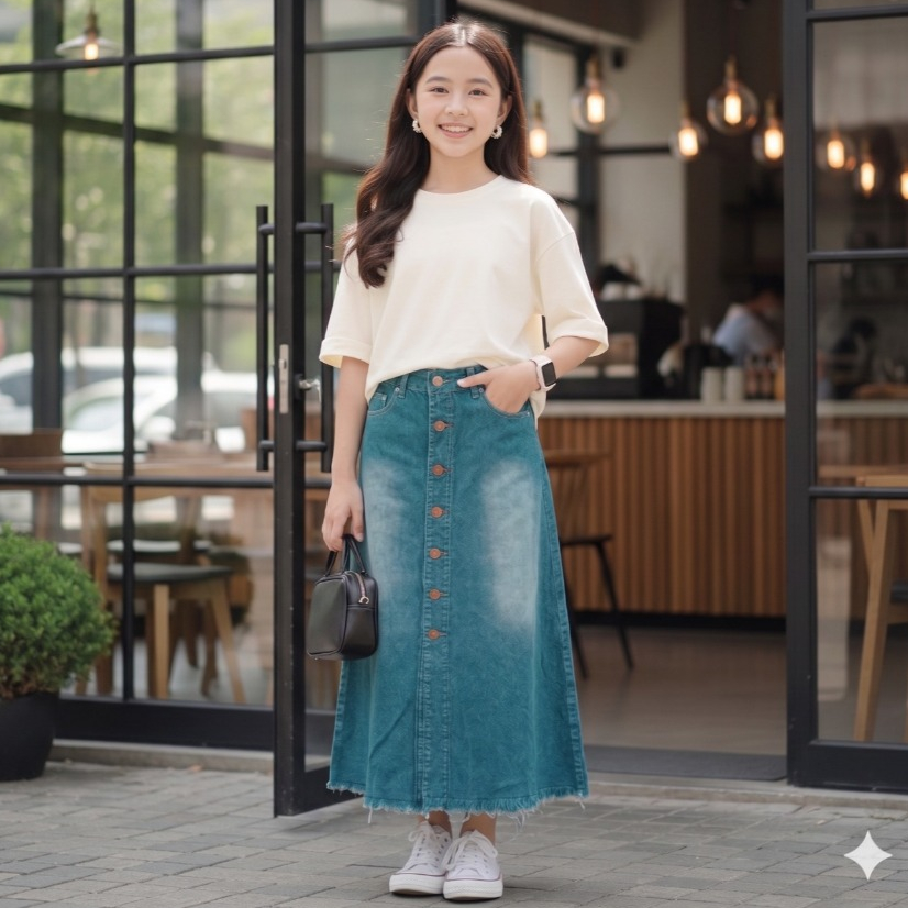 Rok A-Line Anak Jeans Full Kancing Belah Depan Lipat dan Rawis