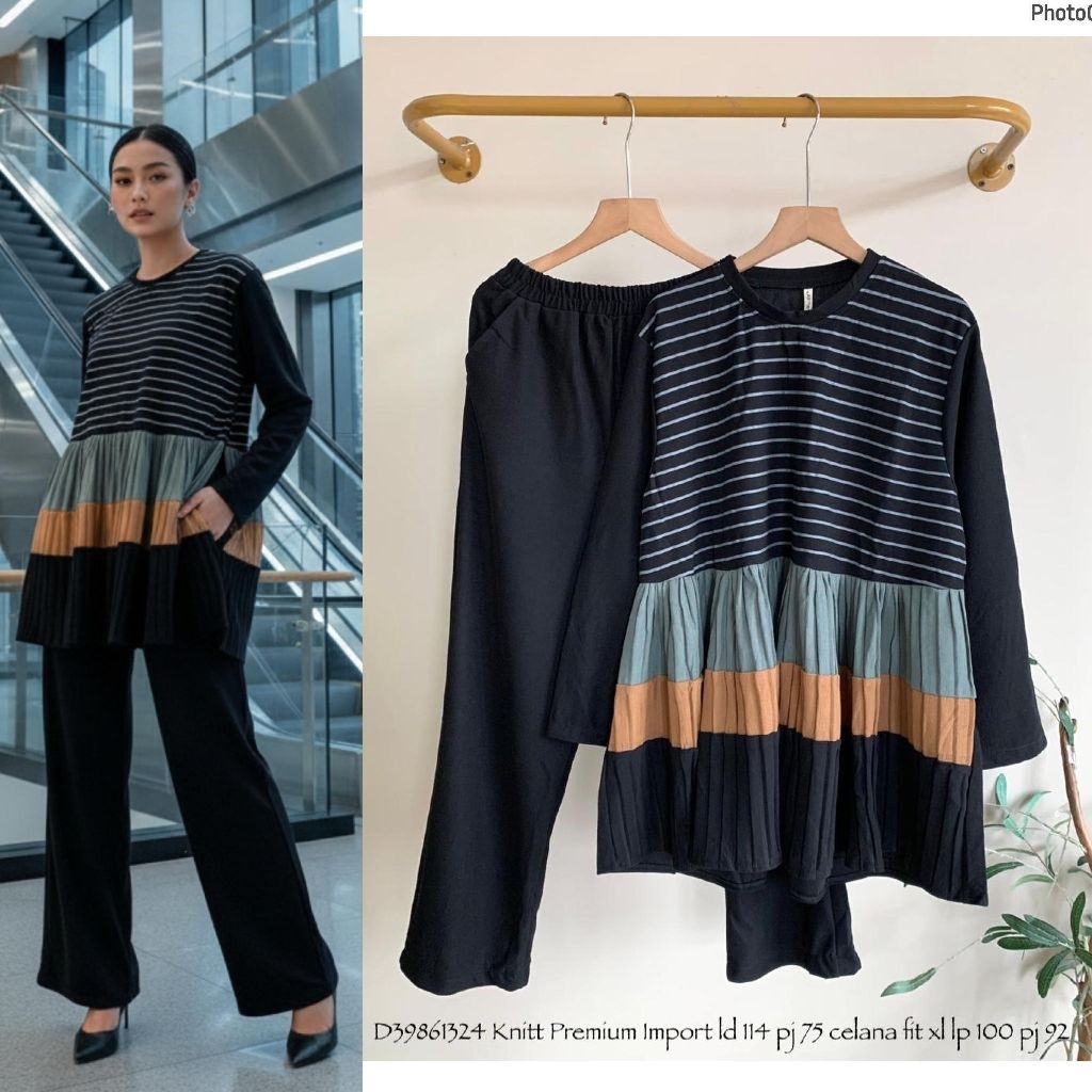 Lucky Lacky Boutique - One Set Rajut Premium Import Stripe Pleated - Setelan Celana Wanita Muslimah 