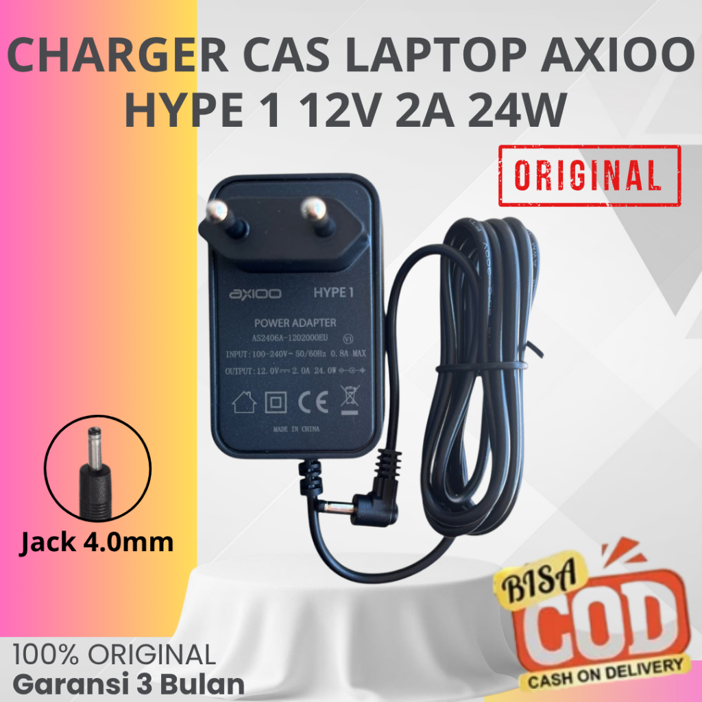 Adaptor cas laptop axioo hype 1 | Cas laptop 12v 2a 24w Jack 4.0mm garansi 3 bulan original