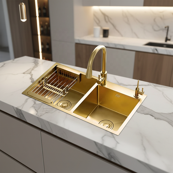 Kitchen Sink Gold 2 lubang stainless paket komplit wastafel emas double