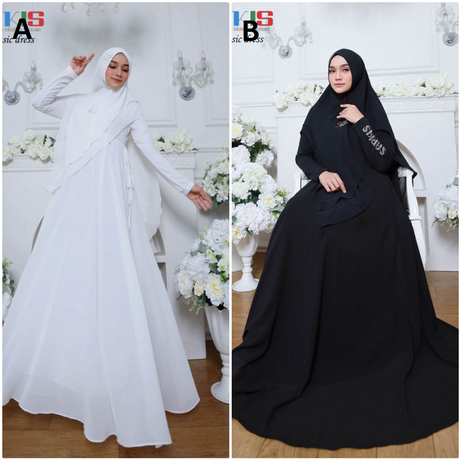 [Ready Stock] Set Hitam Putih Syari Umroh Haji | Puspita Hijab Syari | Gamis Full Ceruty | Dress Jer
