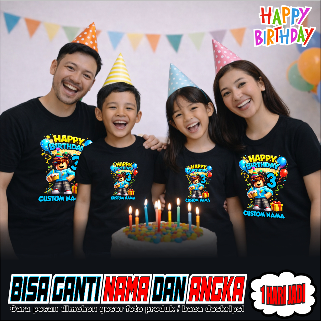 T-Shirt Kaos Ulang Tahun Anak Roblox Cartoon Baju Couple Keluarga Custom - MACTIVE