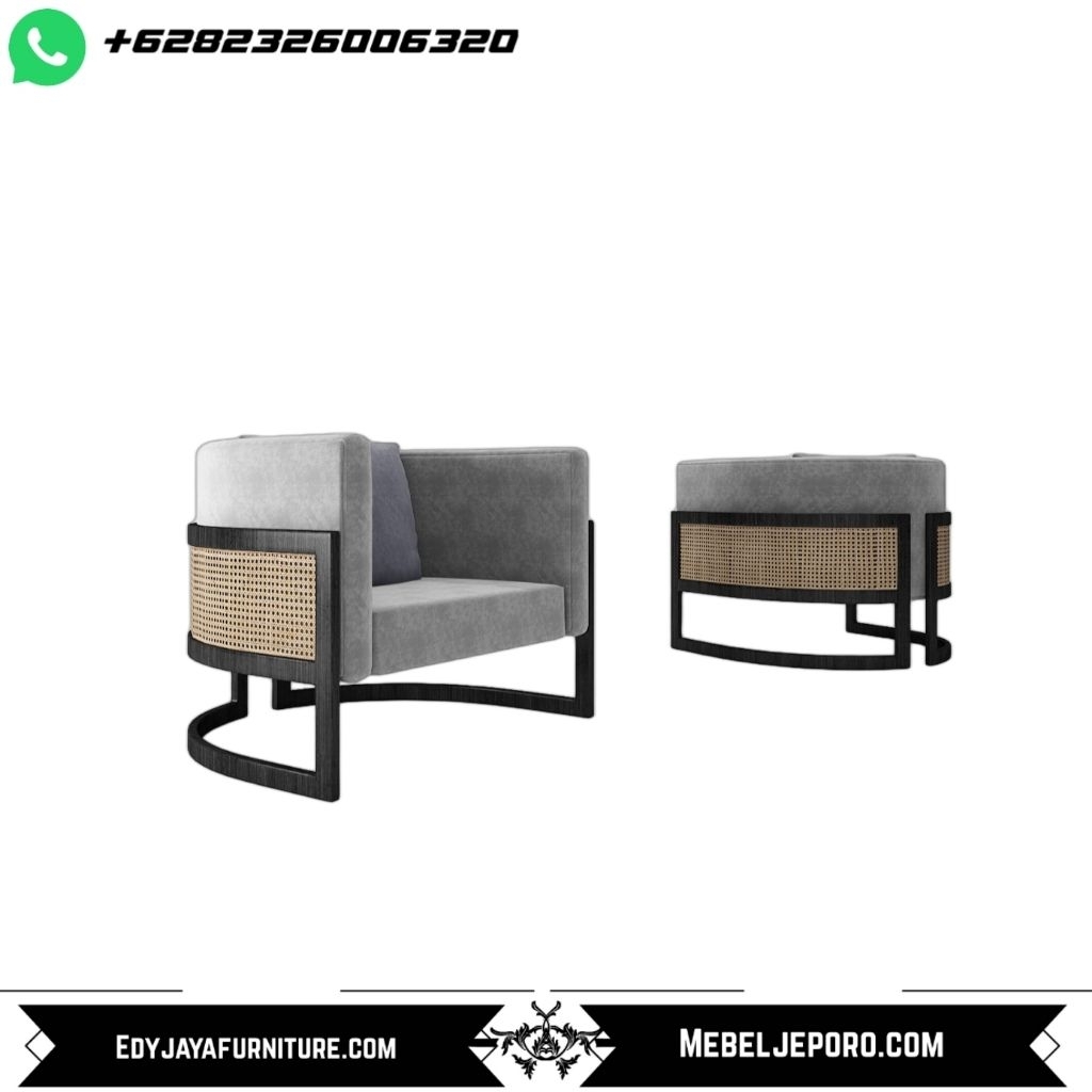 Sofa Bulat Modern - Kombinasi Kayu Hitam & Rotan