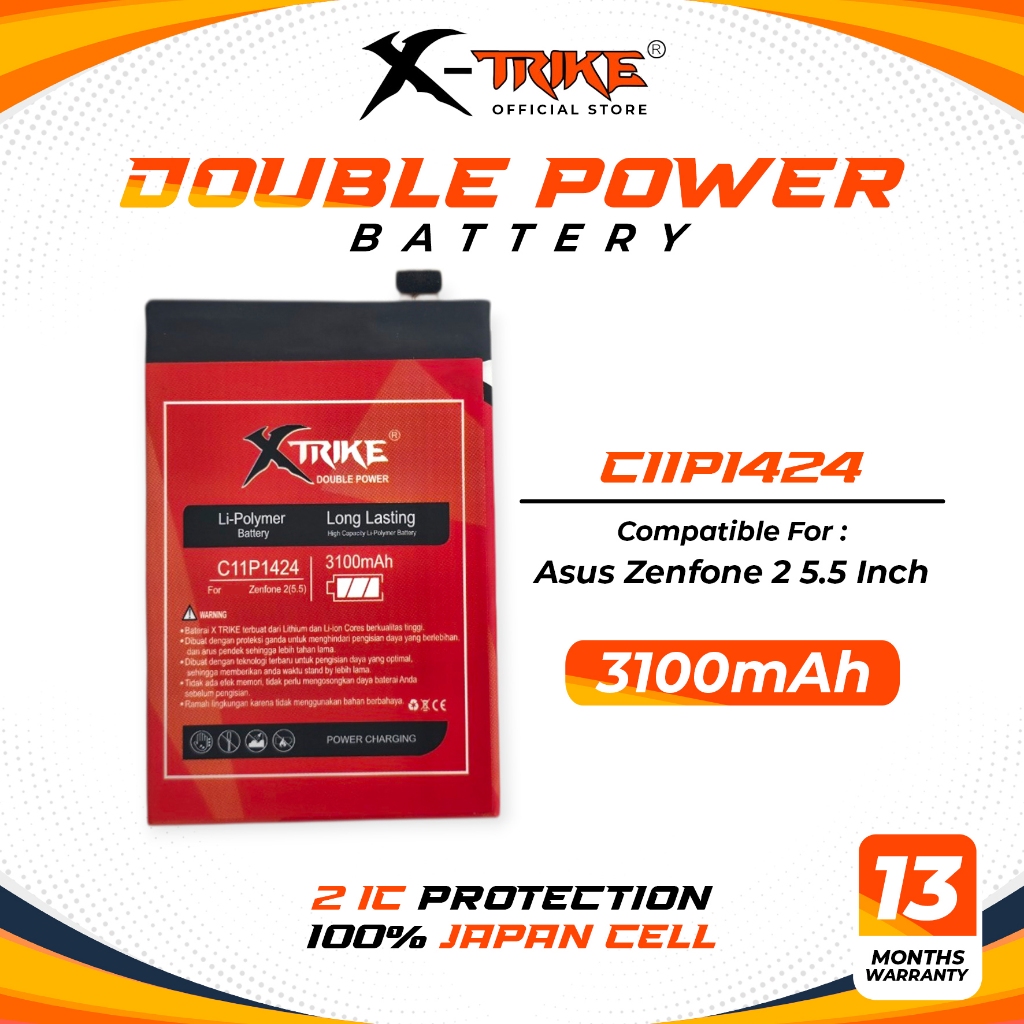 XTRIKE Baterai C11P1424 Double Power for Asus Zenfone 2 5.5" Inch ZE550ML ZE551ML Z00AD Batre Batrai
