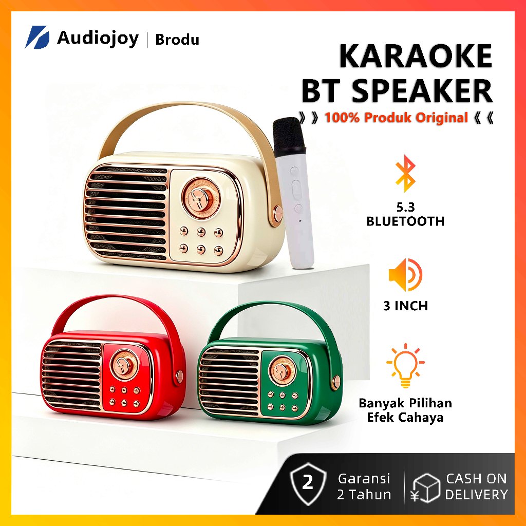 Speaker Karaoke Retro 3 Inch Bluetooth 5.3 Free Mic, Lampu LED, Efek Suara Seru, Radio FM, Portable,
