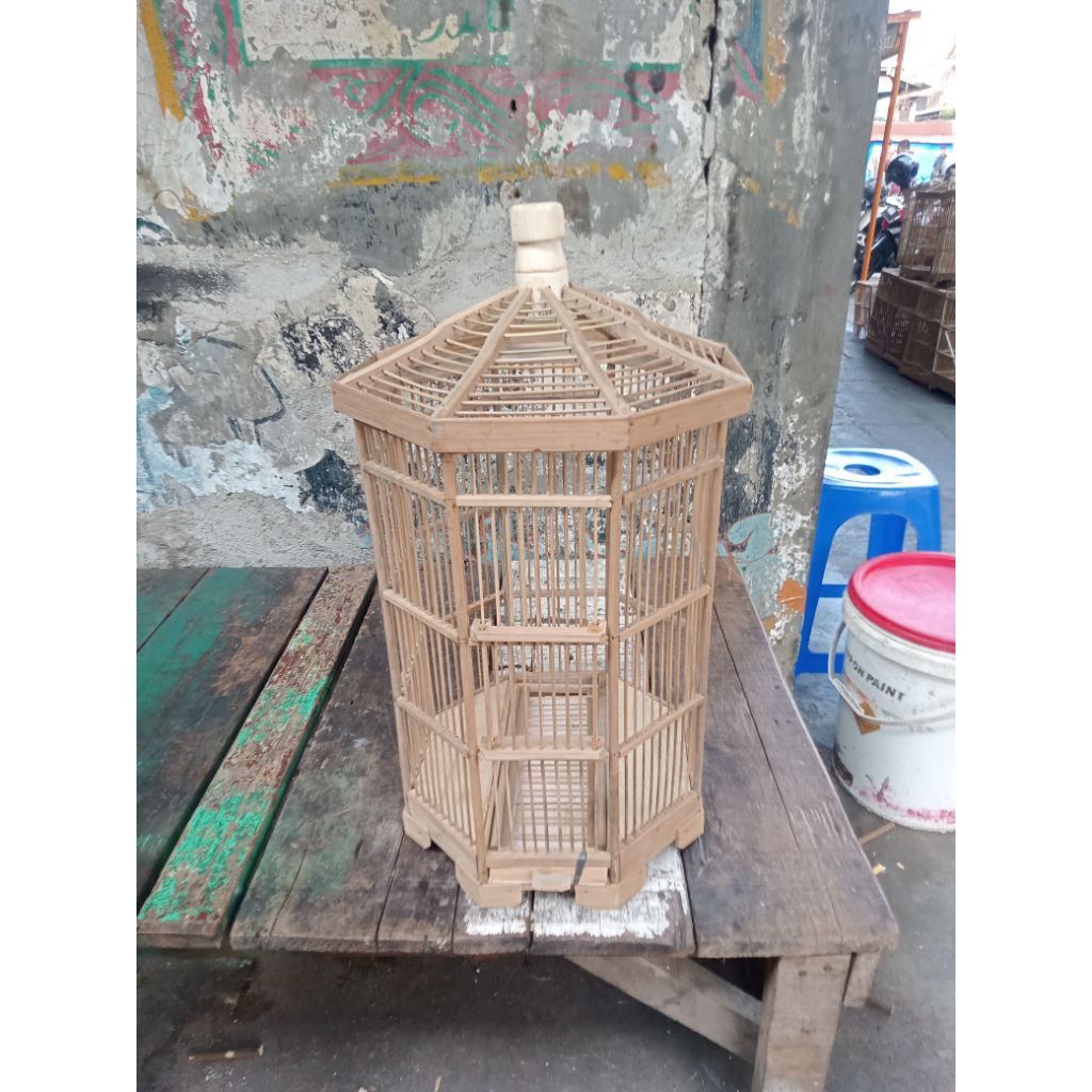 sangkar segi 8 bambu mentahan buat burung kecil antik