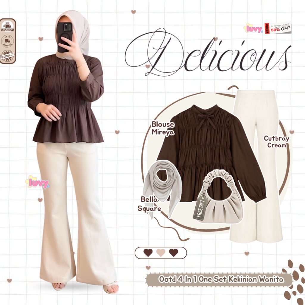 One Set Blouse Wanita Adem dan Nyaman ( Jilbab, Blouse Mireya, Cutbray Cream ) Set Kekinian - D179