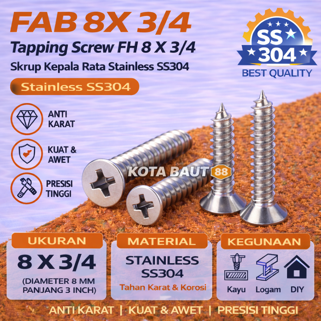 FAB 8X  3/4 Tapping Screw FH 8 X   3/4 Skrup Kepala Rata Stainless SS304