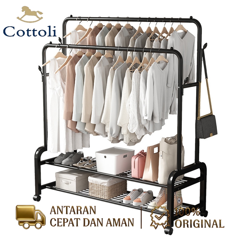 Cottoli Rak Gantungan Baju Dengan Roda Besi Gantungan Baju Multifungsi Berdiri Jemuran Baju Besi Mur