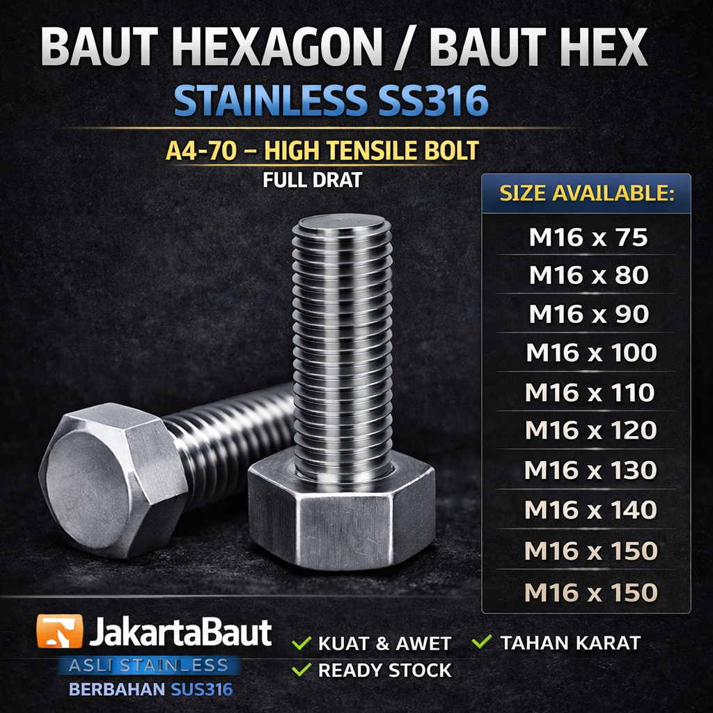 SS316 Baut Hex Stainless M16X140 - Baut Hexagon 16X140 / M16 X 140 / 16 X 140  SUS316 / A4-70 Full D