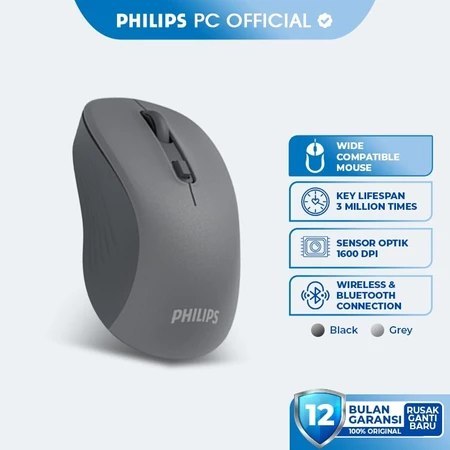 Philips Mouse Dual Mode Wireless + Bluetooth Silent Clicks 1600 DPI Original GREY