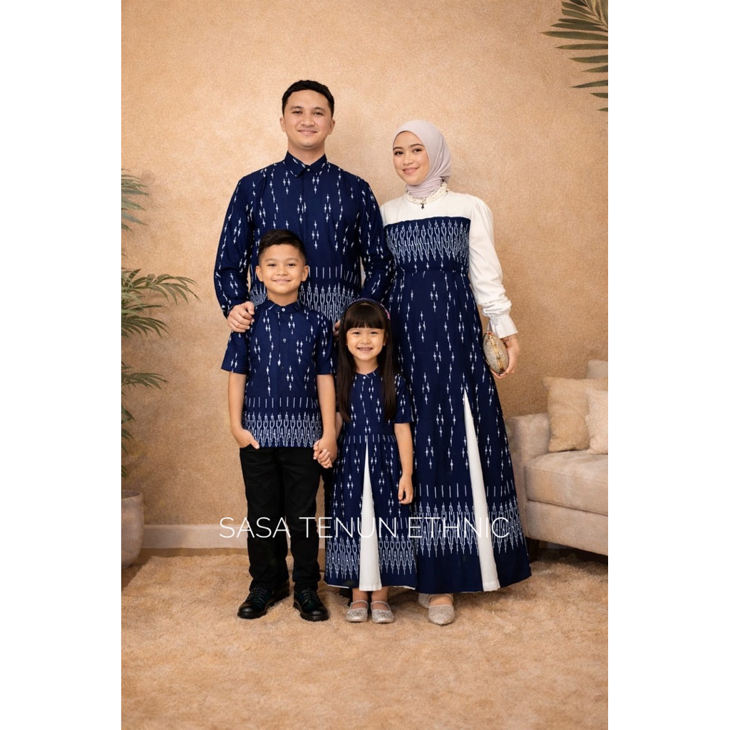 Gamis Dress Etnik Tenun Premium Remaja Wanita Warna Putih Navy Gamis Tenun Etnik Kombinasi