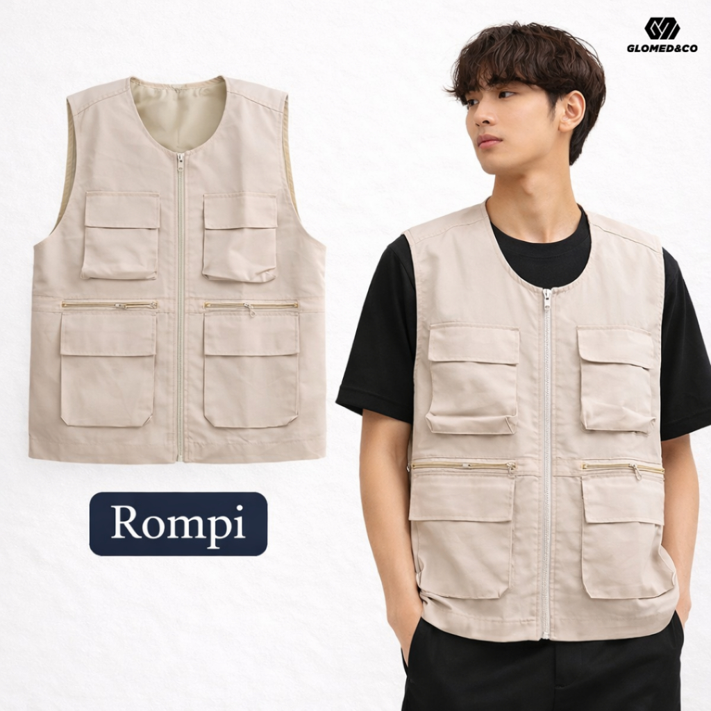 Rompi Lapangan Tactical Polos Cream Hitam Seragam Magang KKN Kerja Proyek Outdoor Vest Banyak Saku K