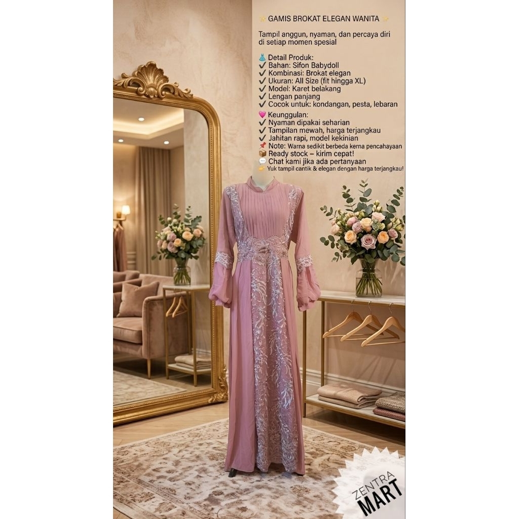 Gamis Brokat Elegan Wanita | Dress Muslim Pesta Sifon Babydoll All Size Karet Belakang