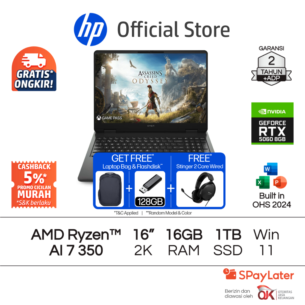 OMEN Laptop Gaming HP AMD Ryzen AI 7 NVIDIA GeForce RTX 5060 16GB RAM 1TB SSD Shadow Black Free Wind