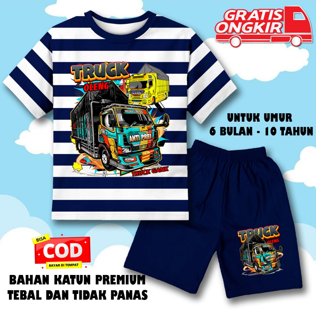 Setelan stelan kaos baju pendek anak laki laki perempuan unisex kaos anak mobil  truck oleng 3