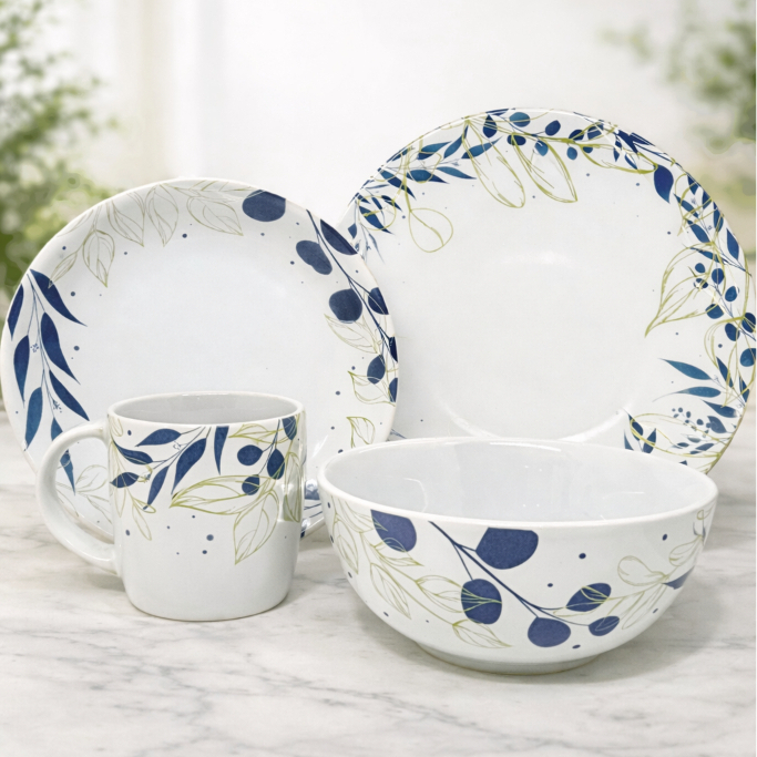 Piring Makan Keramik Dinner Plate dan Coup Soup White Ciana - Motif Daun Botanical Biru