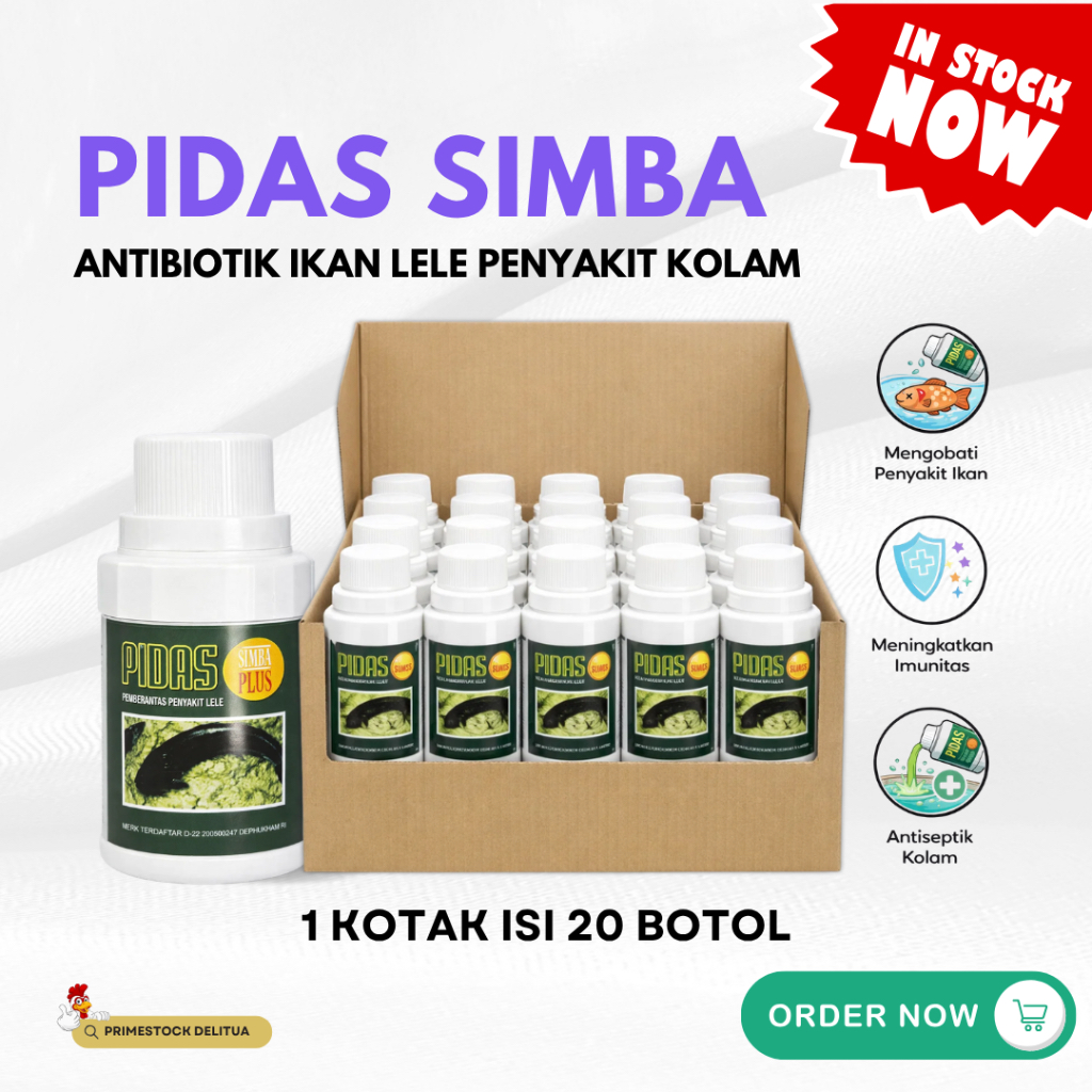 PIDAS SIMBA PLUS 100ML Paket 1 Kotak Isi 20 Botol – Antibiotik Ikan Lele Obat Penyakit Kolam