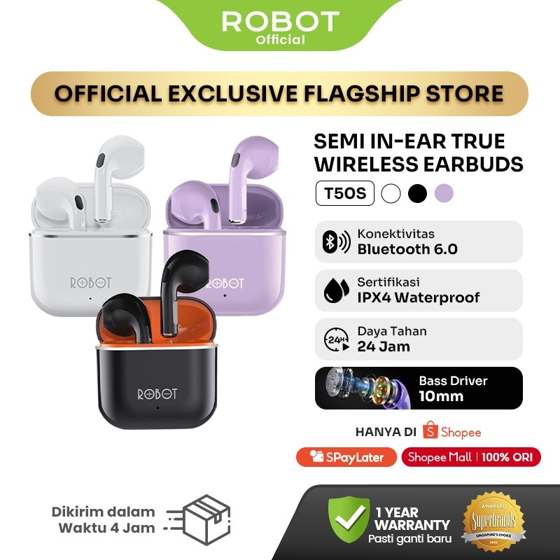 Robot TWS Wireless Earphone Airbuds T50S Original BT 6.0 True Wireless Headset Bluetooth Earbuds IPX4 WaterProof - Garansi 1 Tahun