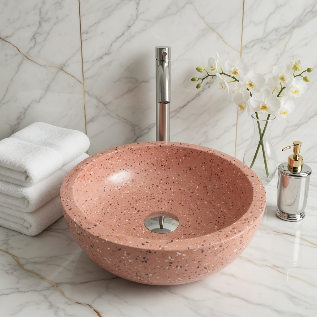 Wastafel Terazzo Baskom Pink Bintik Diameter 35cm