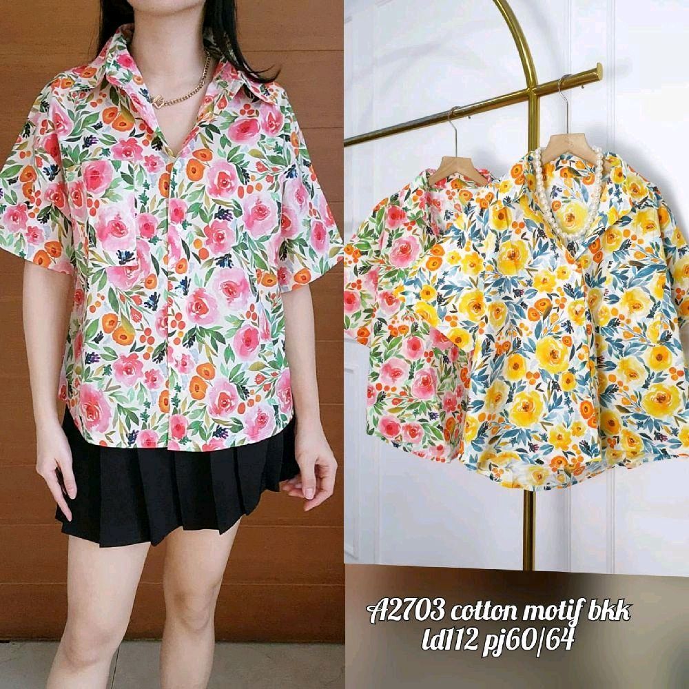Atasan wanita kemeja katun motif bunga-bunga