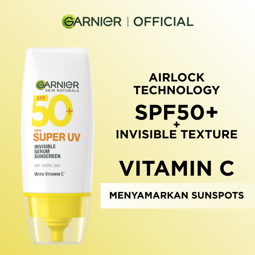 GARNIER Super UV Invisible Serum Sunscreen SPF 50+ PA++++ Vitamin C Skincare - 30ml Sunblock Mencera