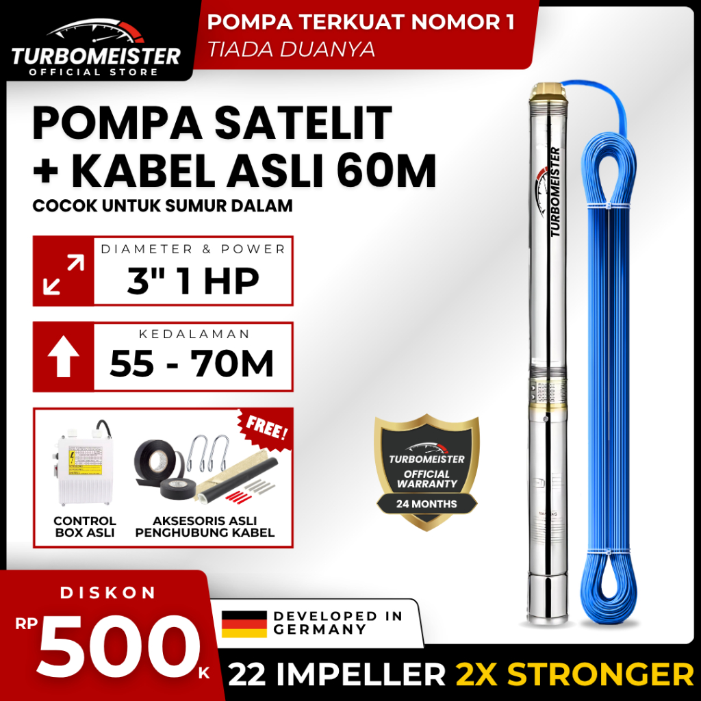 Pompa Satelit 3 Inch Turbomeister 1 HP + Kabel 60 Meter - Submersible / Sibel - Sumur Dalam 70 M