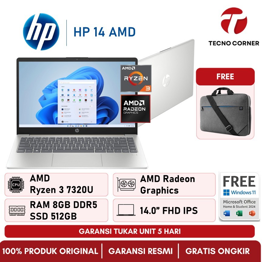 [RESMI] Hp 14 RYZEN 3 7320 RAM 8GB/SSD 512GB Windows 11+ OFFICE2024 14.0"FHD IPS