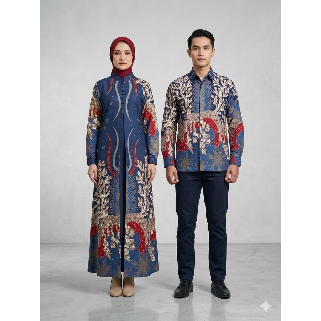 COUPLE BATIK  GAMIS MODEL BUKA DEPAN LAPISAN KATUN TOYOBO JEPANG POLOSAN DAN KEMEJA BATIK PRIA LENGA