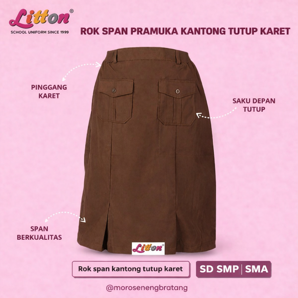 LITTON Rok Sekolah Pramuka Span Pendek Saku Depan SD SMP Pinggang Karet / Seragam Sekolah Pramuka SA
